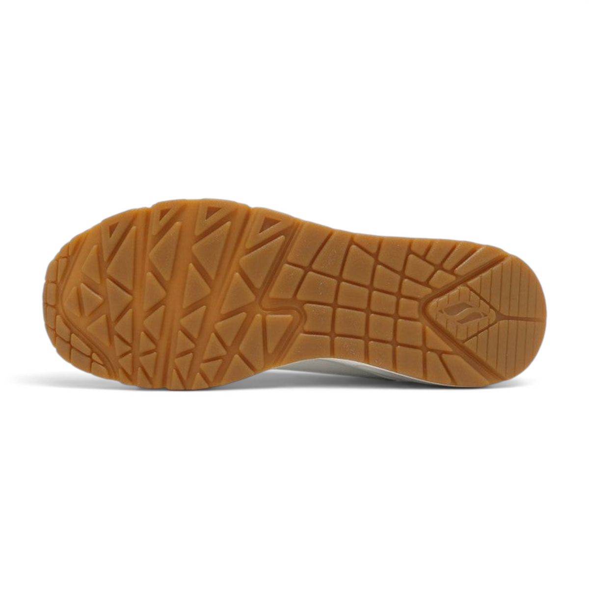 FRG Skechers Uno Retro One sneaker showing the textured gum rubber outsole with a geometric traction pattern