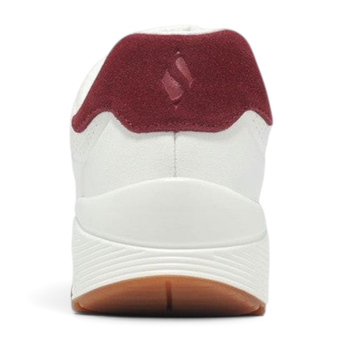 FRG Skechers Uno Retro One sneaker in white durabuck with a burgundy heel tab and visible air-cushioned midsole