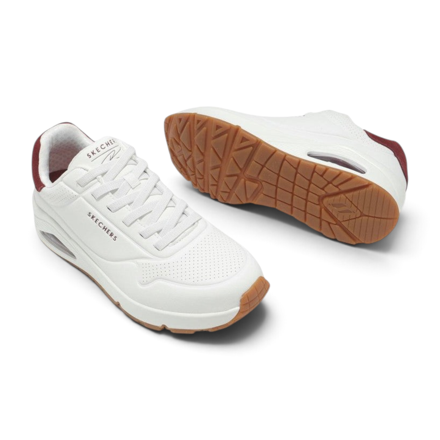 FRG Skechers Uno Retro One sneakers in white durabuck with burgundy accents and a visible air-cushioned gum sole