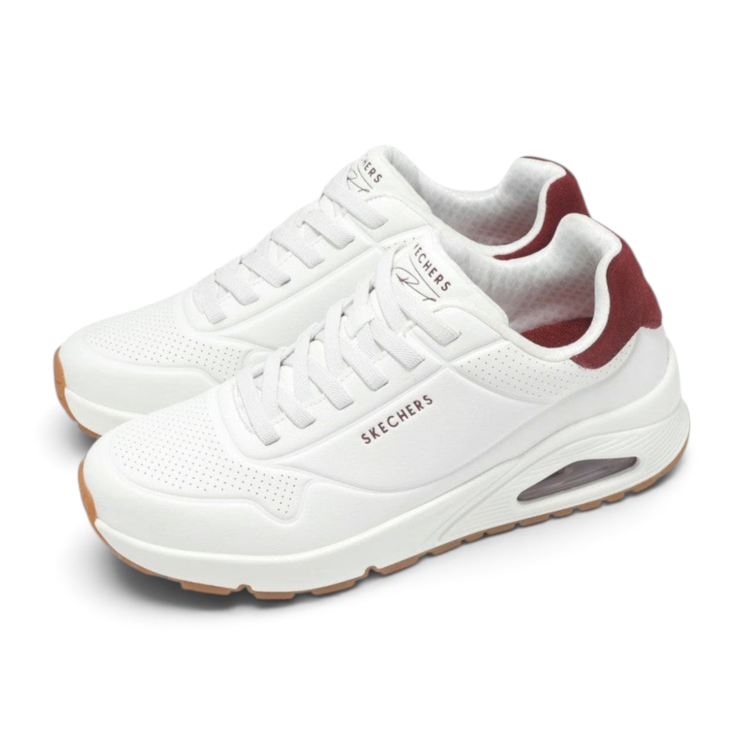 FRG Skechers Uno Retro One sneaker in white durabuck with burgundy accents, air-cushioned midsole, and gum outsole.