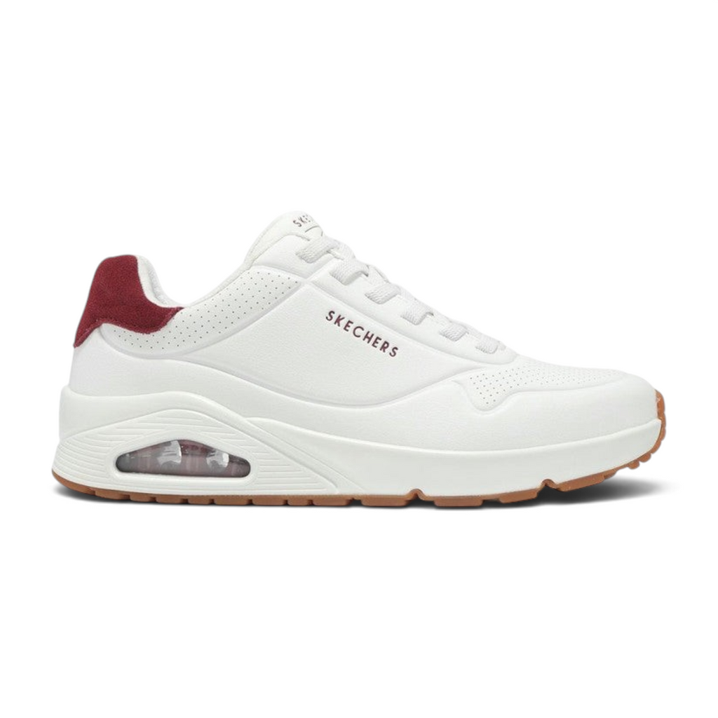 FRG Skechers Uno Retro One sneaker in white durabuck with burgundy heel detail and visible air-cushioned midsole.