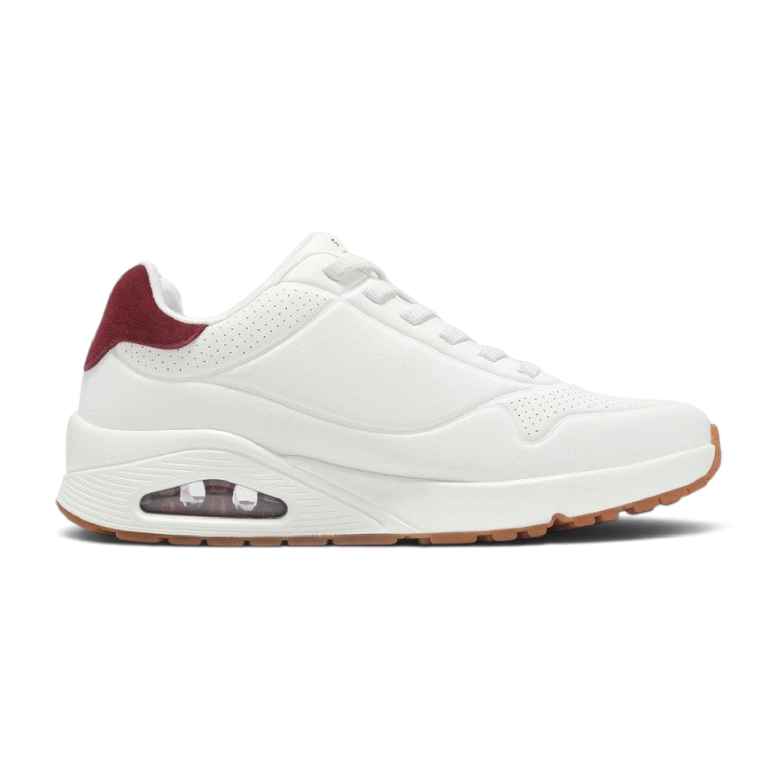 FRG Skechers Uno Retro One sneaker in white durabuck with burgundy heel detail and air-cushioned midsole side view