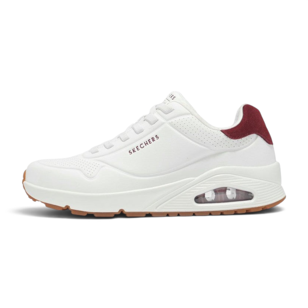 FRG Skechers Uno Retro One sneaker in white durabuck with burgundy heel detail and visible air-cushioned midsole.