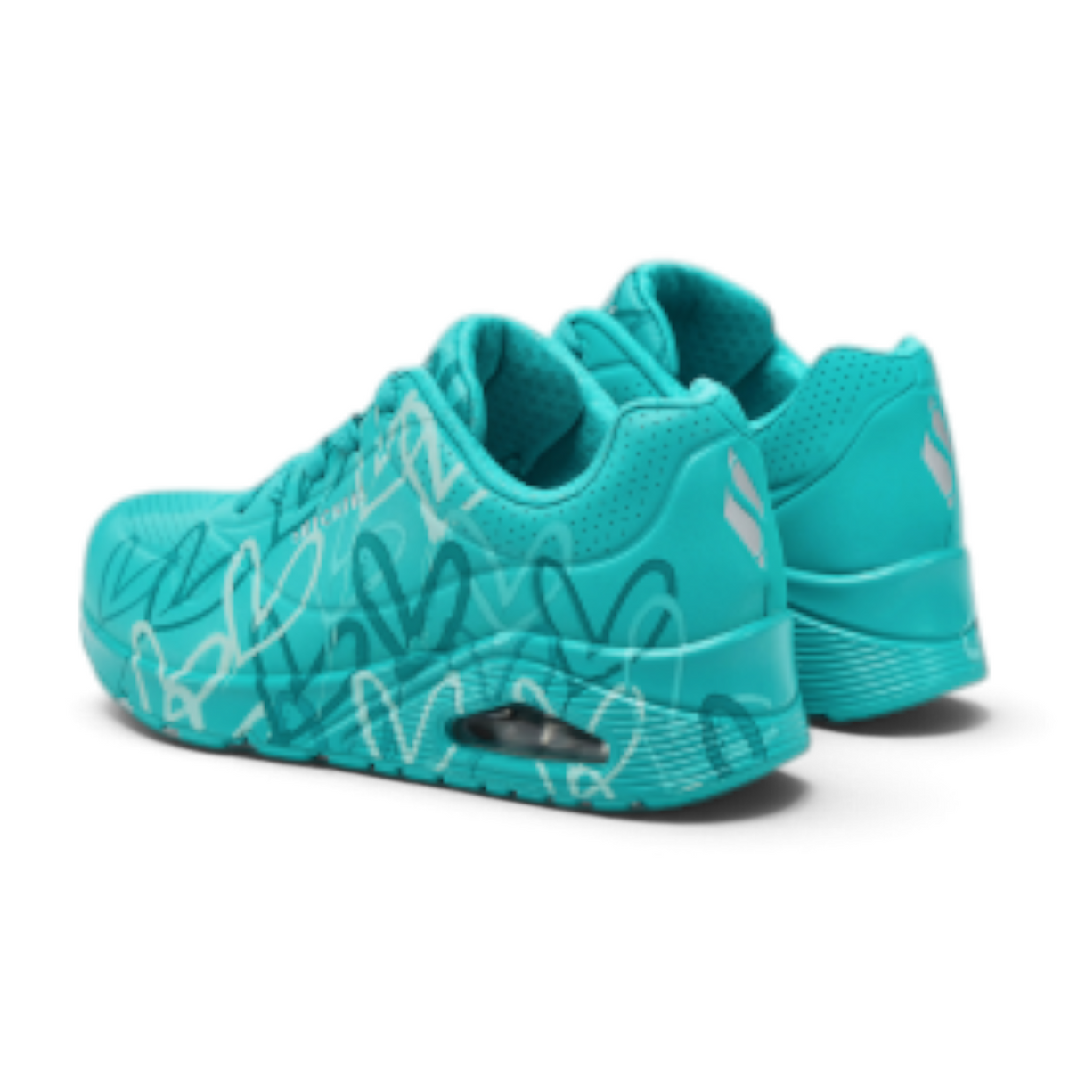 FRG Skechers Uno Spread The Love lifestyle sneakers in teal with white heart print and visible air-cushioned heel