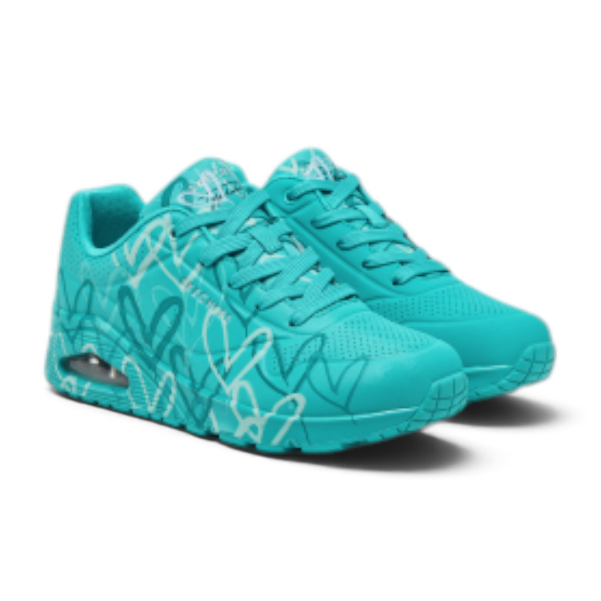 FRG Skechers Uno Spread The Love lifestyle sneakers in teal with white heart print and visible air-cushioned heel