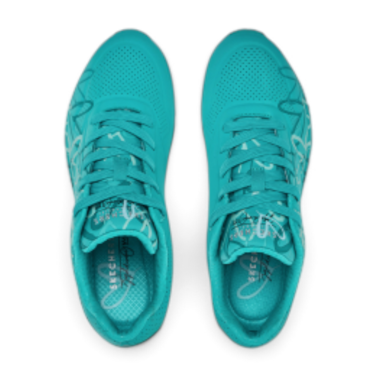 FRG Skechers Uno Spread The Love teal lifestyle sneakers with heart pattern and lace-up closure, top view