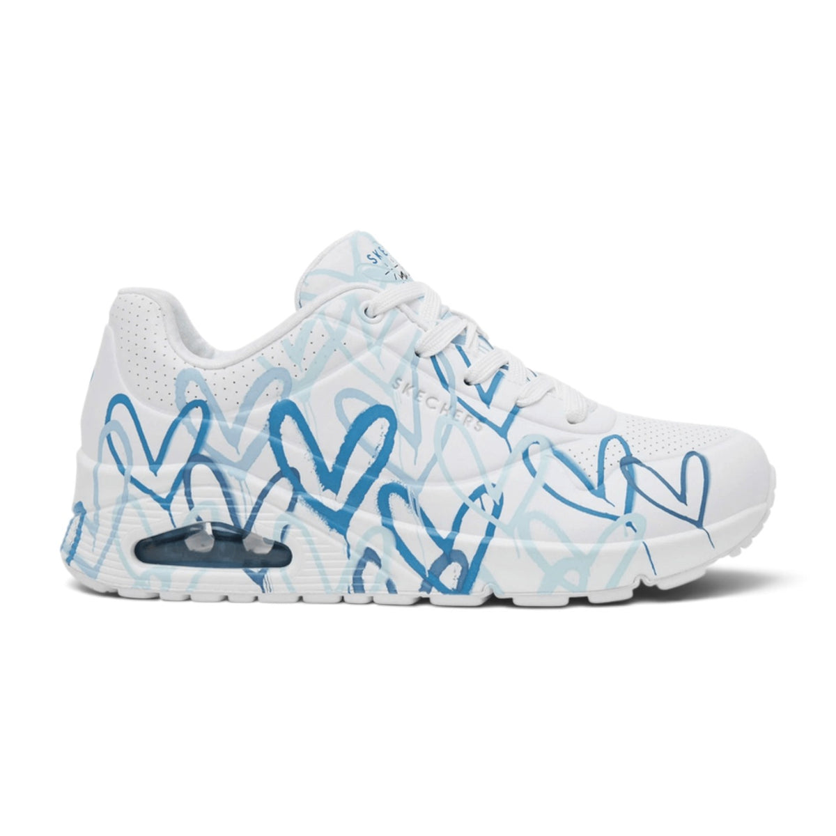 FRG Skechers Uno Spread The Love white lifestyle sneaker with blue graffiti heart print and visible air cushion sole