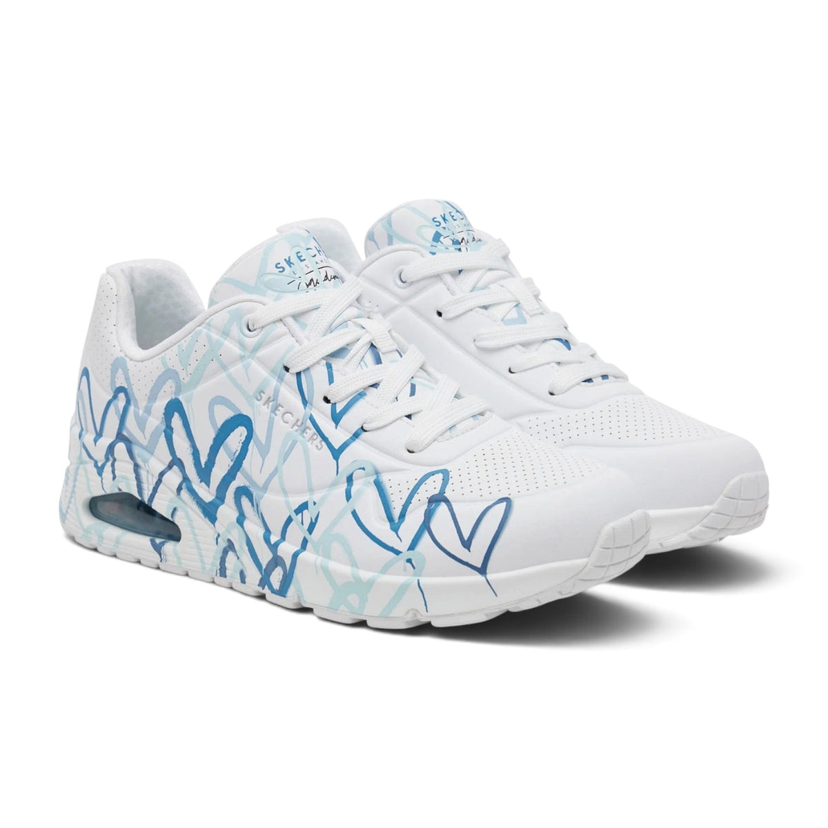FRG Skechers Uno Spread The Love white lifestyle sneakers with blue heart graffiti print and air-cushioned sole