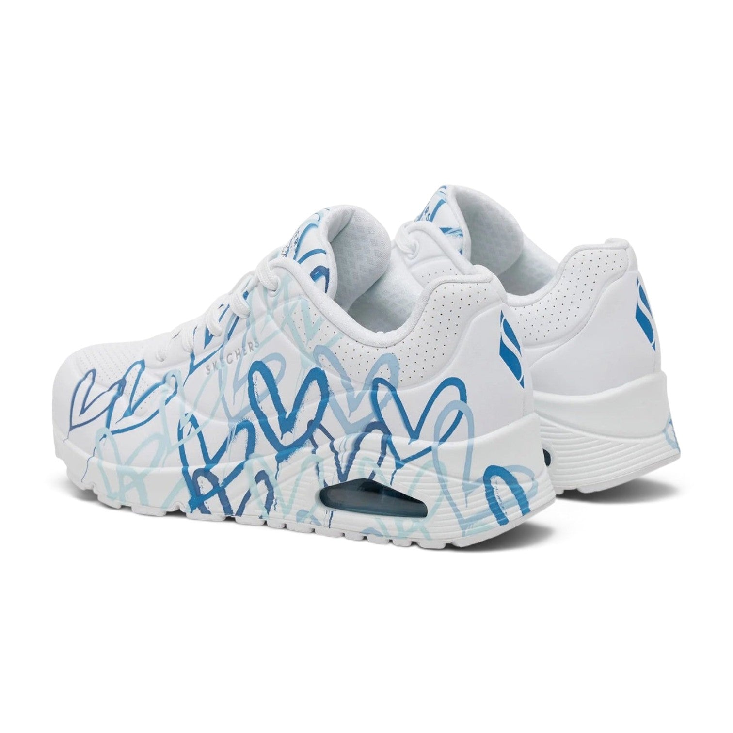 FRG Skechers Uno Spread The Love white lifestyle sneakers with blue heart graffiti print and visible air cushioning