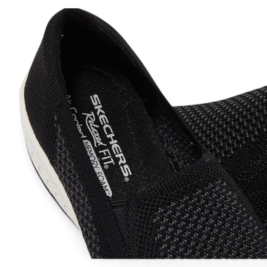 FRG Skechers Up-Lifted slip-on shoe in black knit with white wedge heel and memory foam cushioned insole