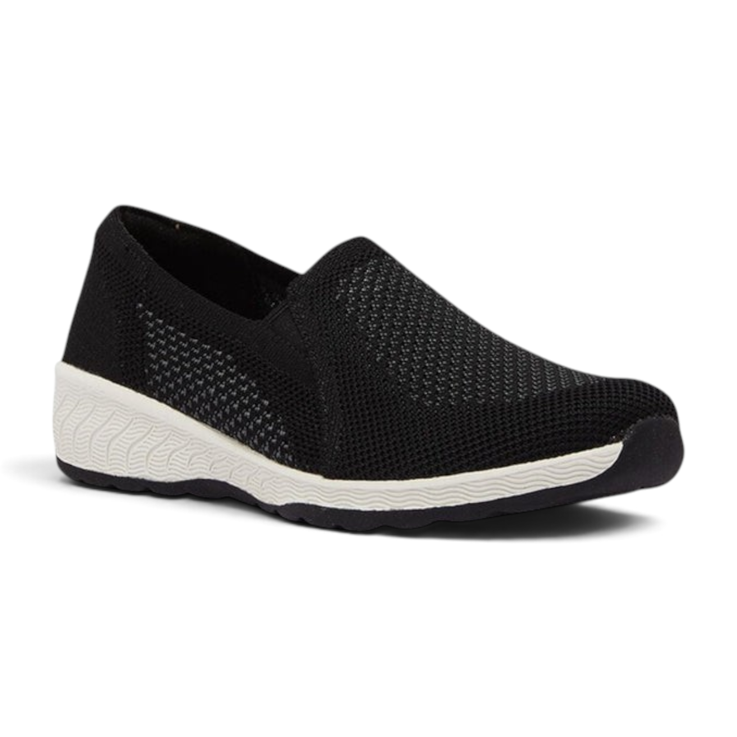 FRG Skechers Up-Lifted slip-on shoe in black knit with a white wedge heel and memory foam comfort