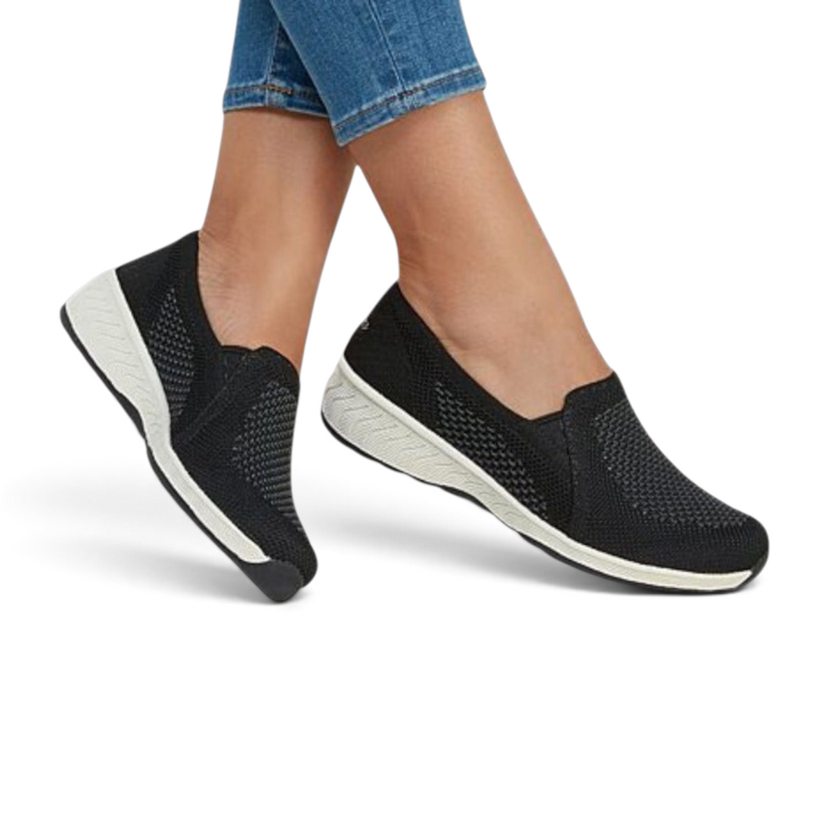 FRG Skechers Up-Lifted black and white knit slip-on shoes with a low wedge heel and memory foam comfort