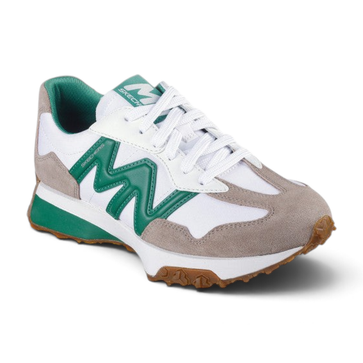 FRG Skechers Street Upper Cut Neo jogger in white, gray, and green with premium leather and a grippy rubber sole.
