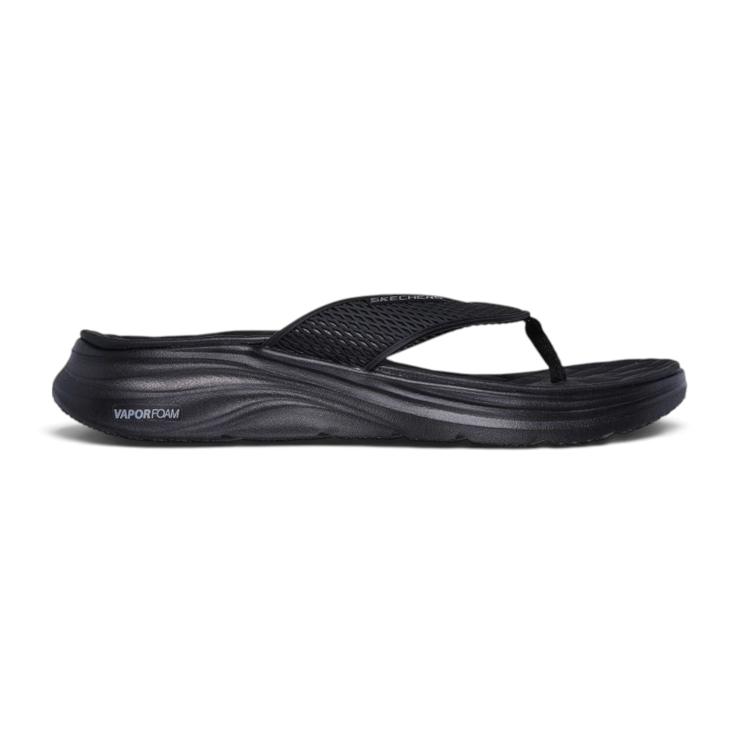 FRG Skechers Vapor Foam Sayto black thong sandal with ultra-light cushioned sole and textured strap