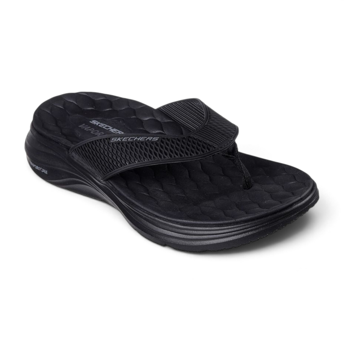 FRG Skechers Vapor Foam Sayto sporty black thong sandal with textured footbed and lightweight cushioning