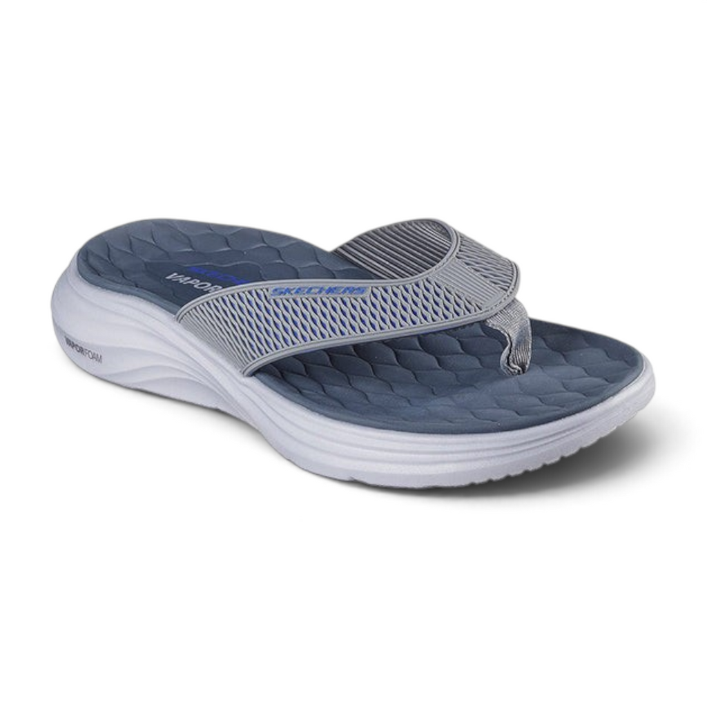 FRG Skechers Vapor Foam thong sandal in gray and blue with a contoured footbed and lightweight sporty design.