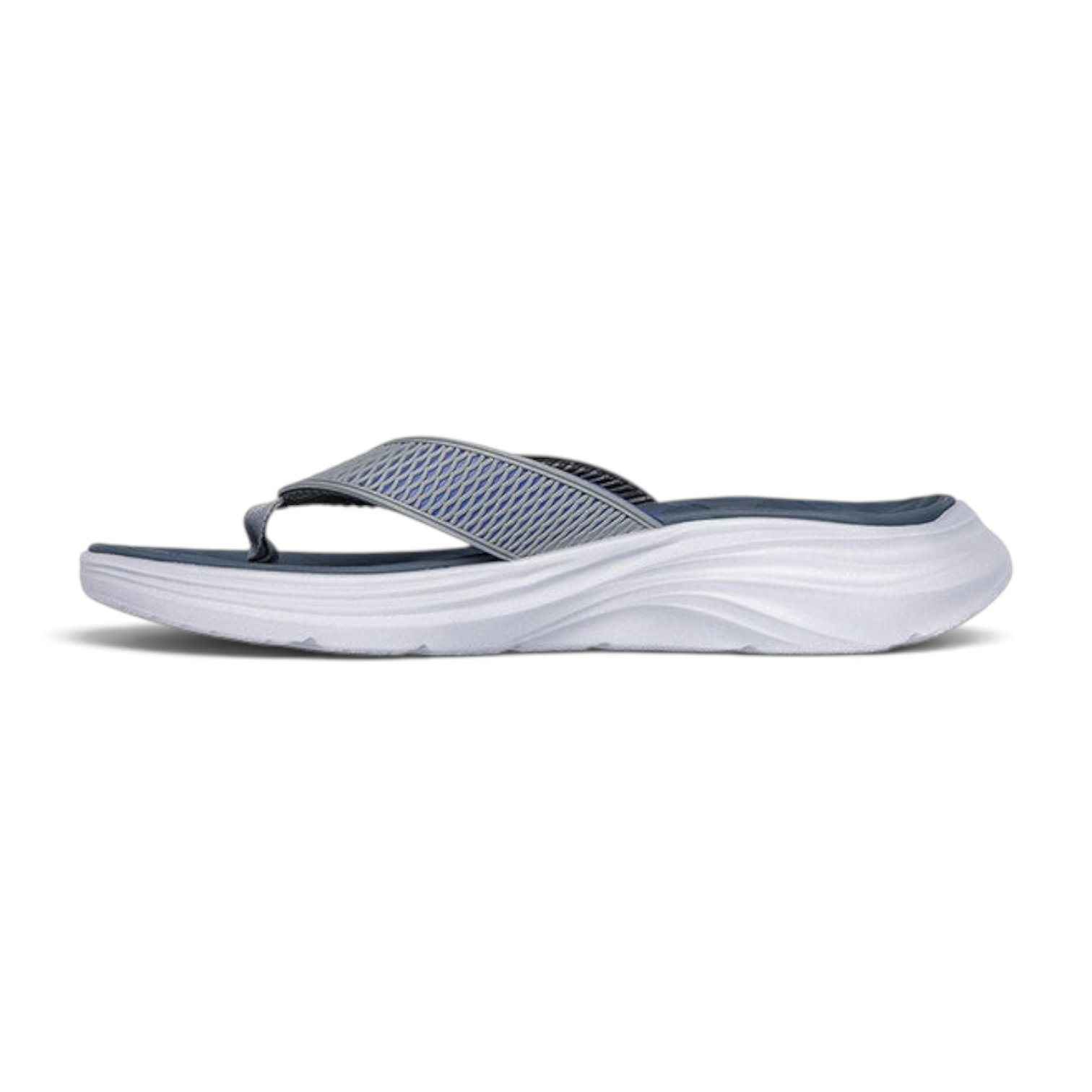 FRG Skechers Vapor Foam Sayto thong sandal in gray and blue with a contoured white foam footbed and sporty strap