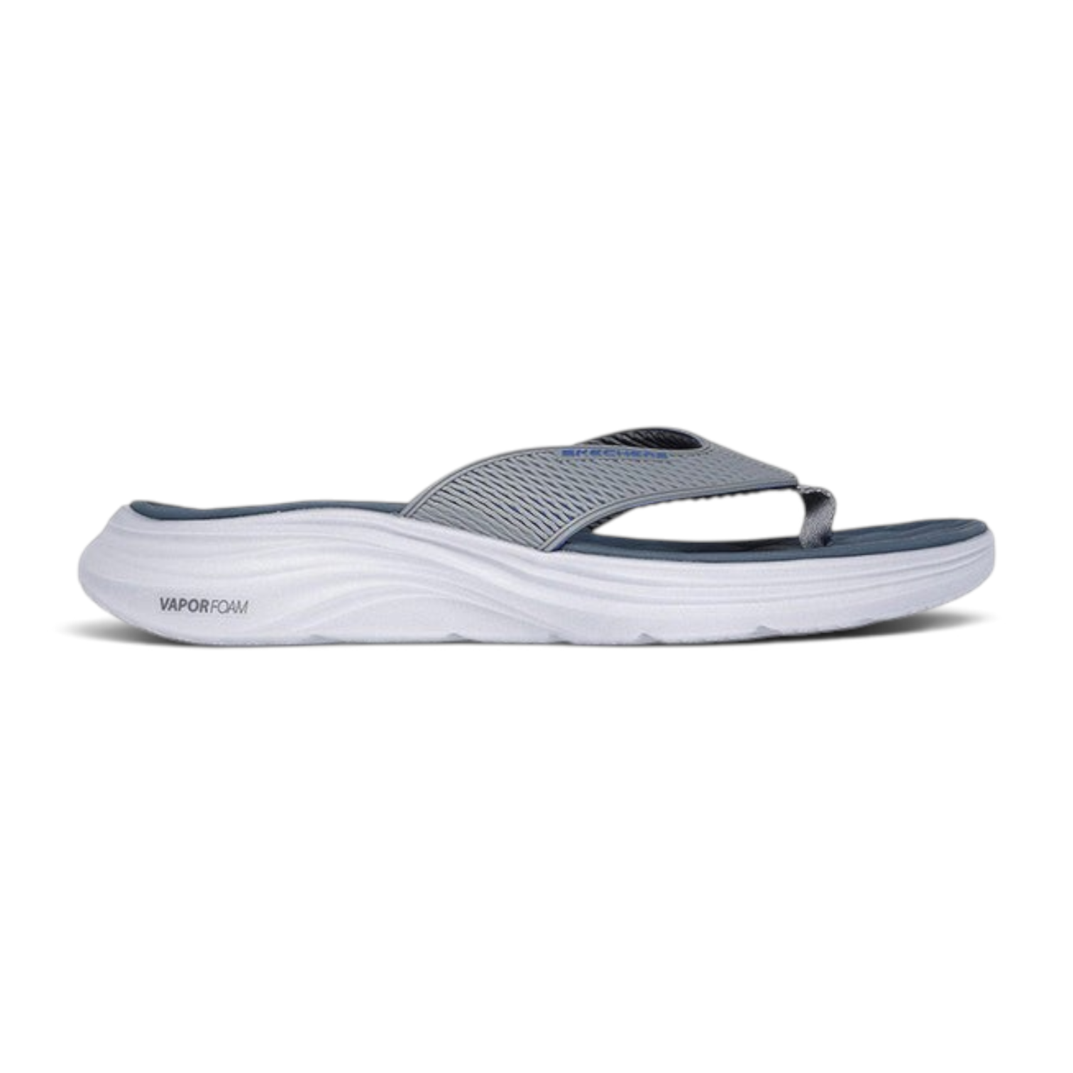 FRG Skechers Vapor Foam thong sandal in gray and blue with a contoured white sole and sporty textured strap