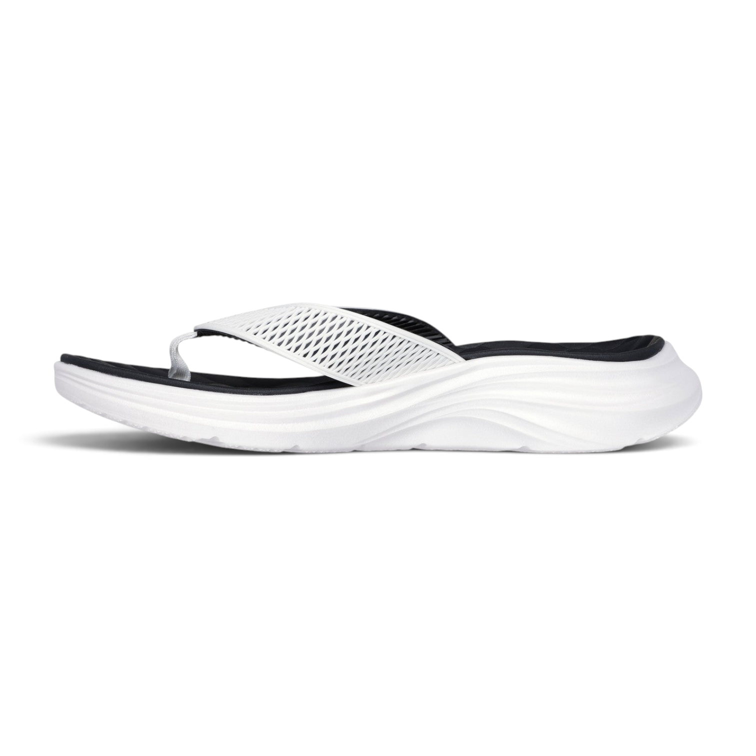FRG Skechers Vapor Foam slip-on sandal in white and black with a contoured, ultra-lightweight footbed.