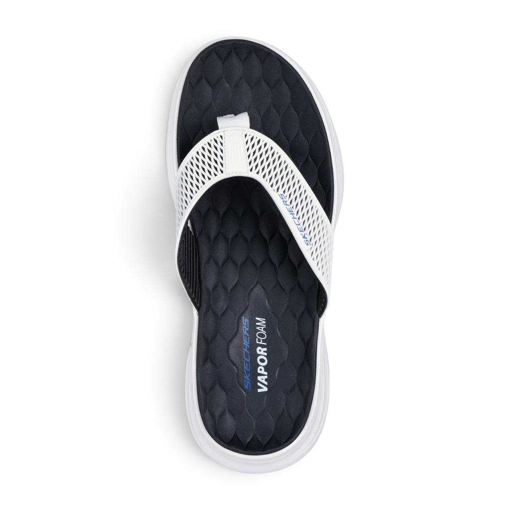 FRG Skechers Vapor Foam slip-on sandal in white and black with a contoured footbed and mesh strap detail