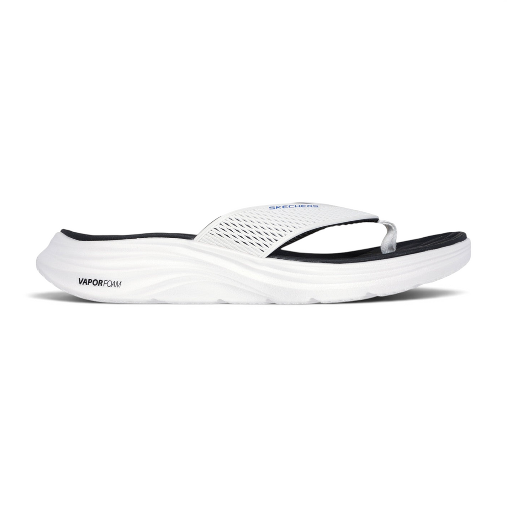 FRG Skechers Vapor Foam Sayto white and black thong sandal with a contoured, ultra-lightweight cushioned sole.