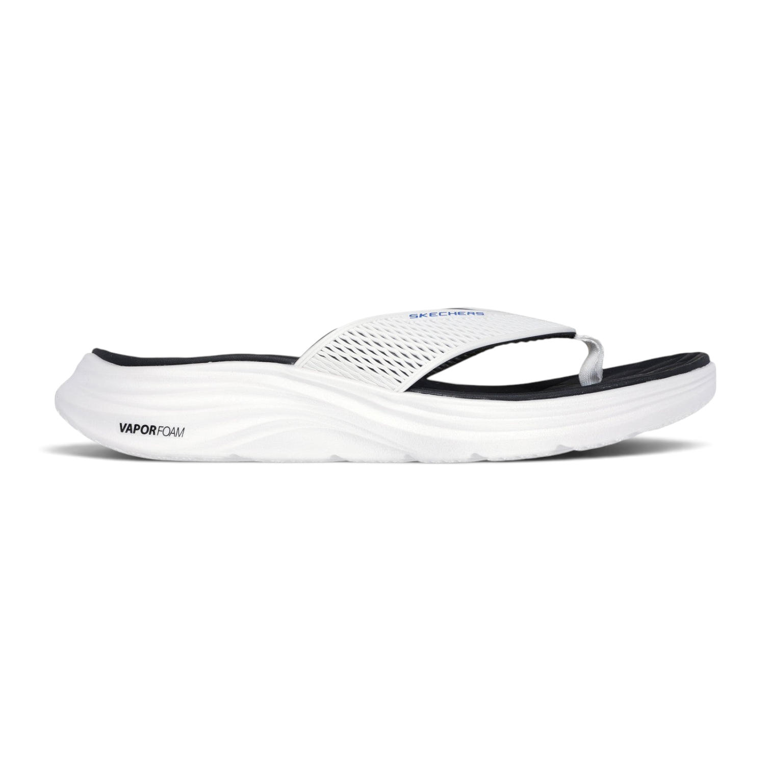 FRG Skechers Vapor Foam Sayto white and black thong sandal with a contoured, ultra-lightweight cushioned sole.