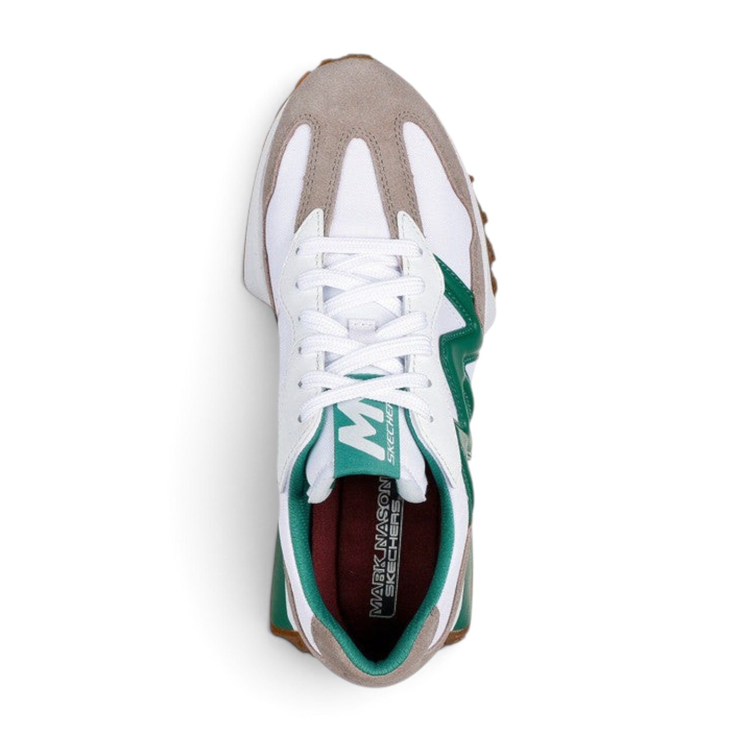 FRG Skechers Street Upper Cut Neo jogger in white and gray leather with green accents and a flexible rubber sole.