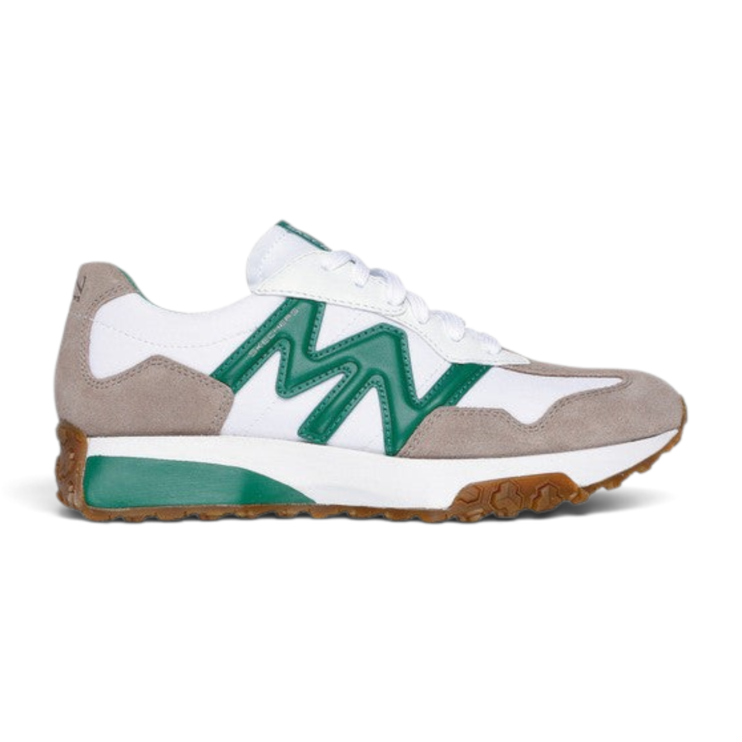 FRG Skechers Street Upper Cut Neo jogger in white and gray leather with green accents and a gum rubber sole.