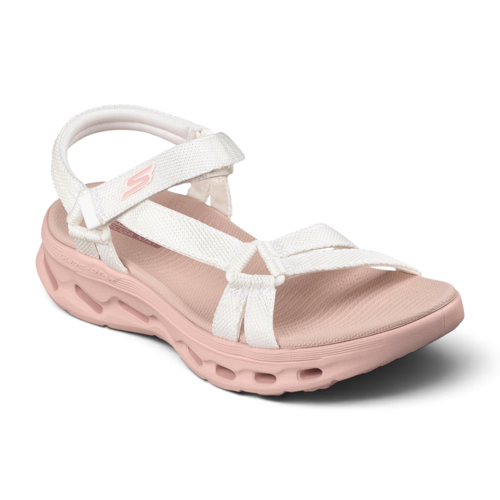 FRG Skechers GO Walk Glide-Step 2.0 vegan sandal in white and pink with adjustable straps and contoured cushioning.