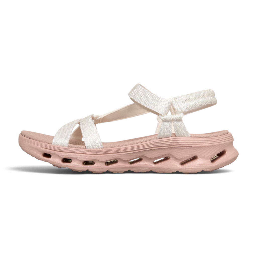 FRG Skechers GO Walk Glide-Step 2.0 sporty vegan sandal in white and pink with adjustable straps and cushioned sole