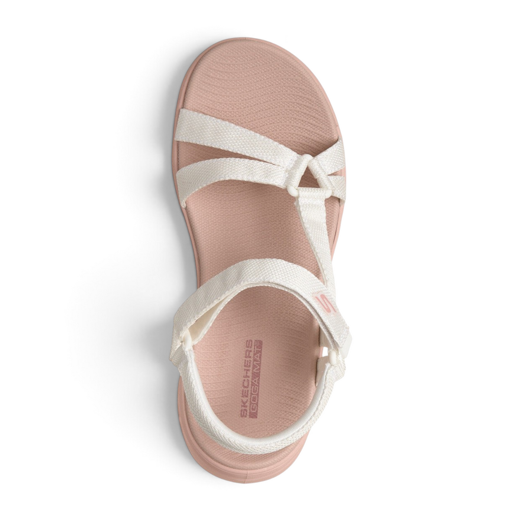 FRG Skechers GO Walk Glide-Step 2.0 vegan sandal in white and pink with adjustable straps and contoured footbed