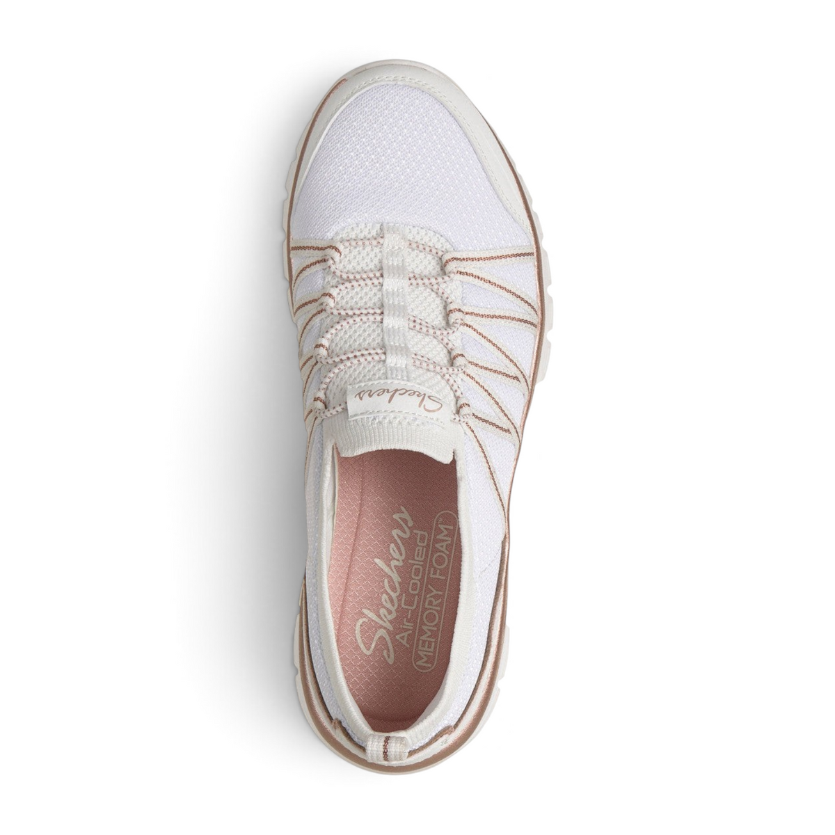 FRG Skechers Graceful Purecrush white vegan sneaker with rose gold metallic trim and cushioned memory foam insole