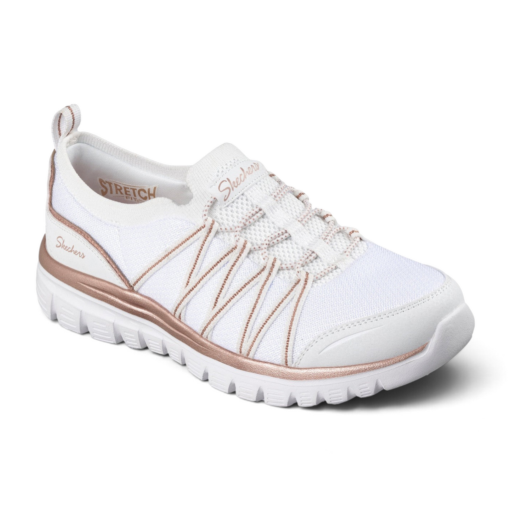 FRG Skechers Graceful Purecrush white vegan sneaker with rose gold metallic trim and memory foam cushioned sole