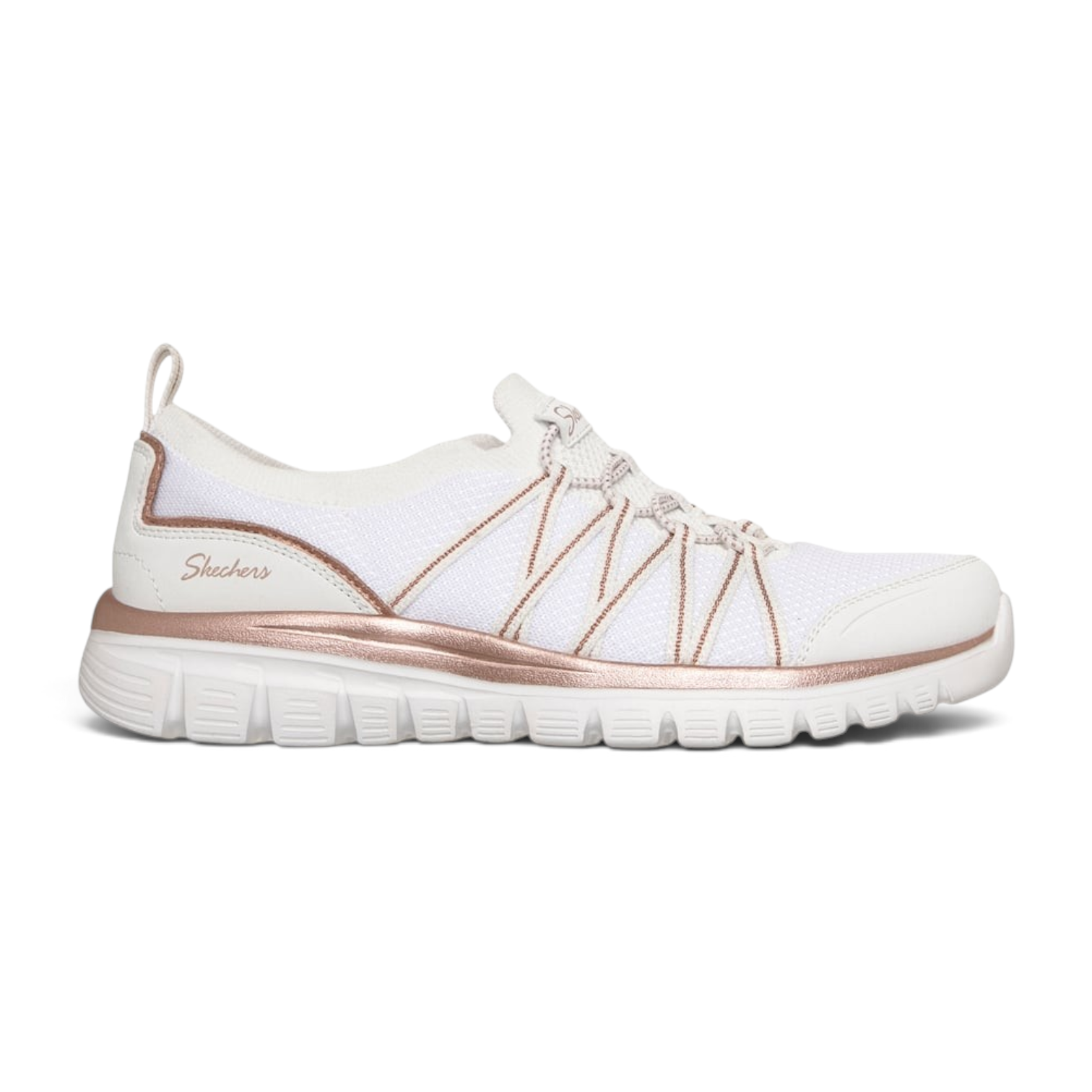 FRG Skechers Graceful Purecrush white vegan sneaker with rose gold metallic trim and cushioned memory foam sole