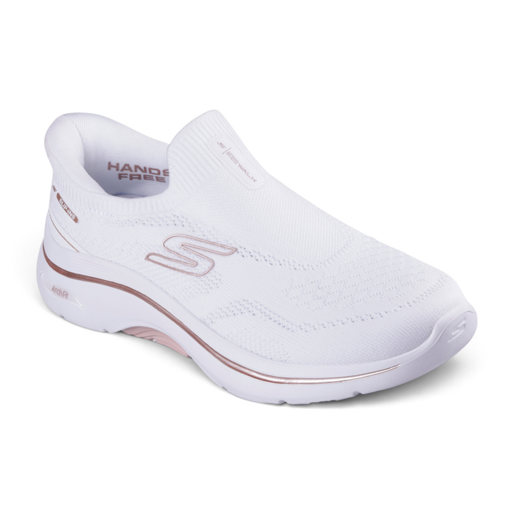 FRG Skechers GO WALK Arch Fit 2.0 Tatum white slip-on sneaker with engineered knit upper and rose gold accents.