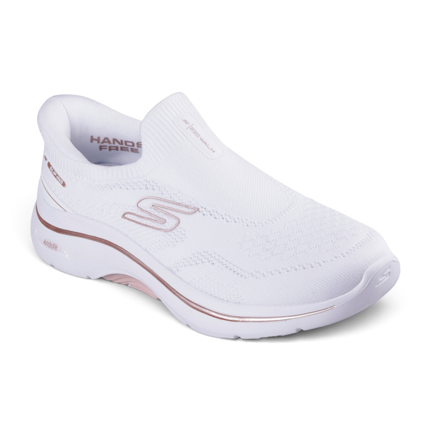 FRG Skechers GO WALK Arch Fit 2.0 Tatum white slip-on sneaker with engineered knit upper and rose gold accents.