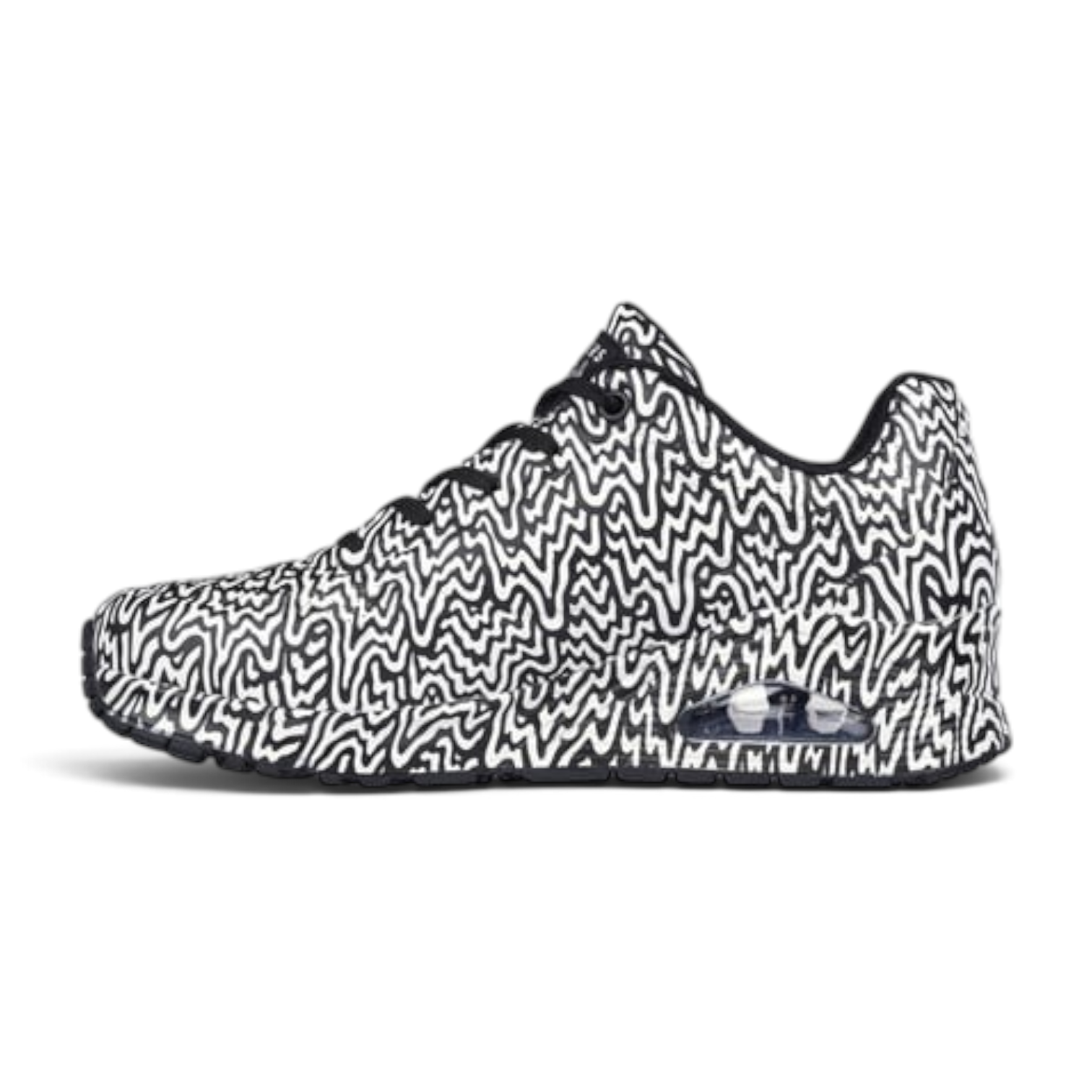 FRG UNO INFINITE DRIP sneakers featuring a black and white abstract wavy pattern and a visible air cushioning unit