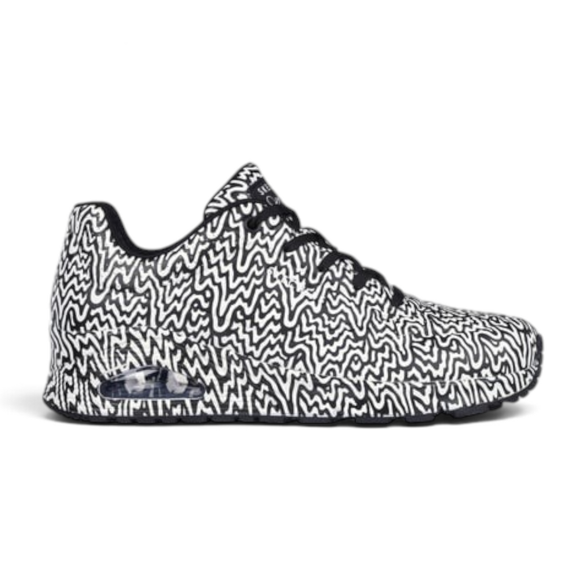 FRG UNO INFINITE DRIP sneaker featuring a bold black and white abstract wavy pattern with a visible air cushion sole