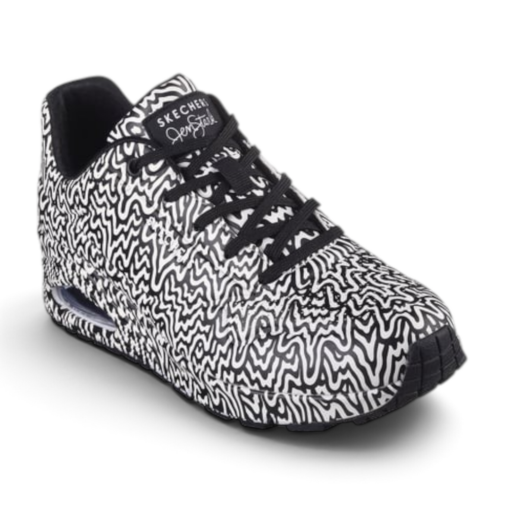 FRG UNO Infinite Drip sneaker featuring a black and white abstract wavy pattern and a visible air cushioned sole.