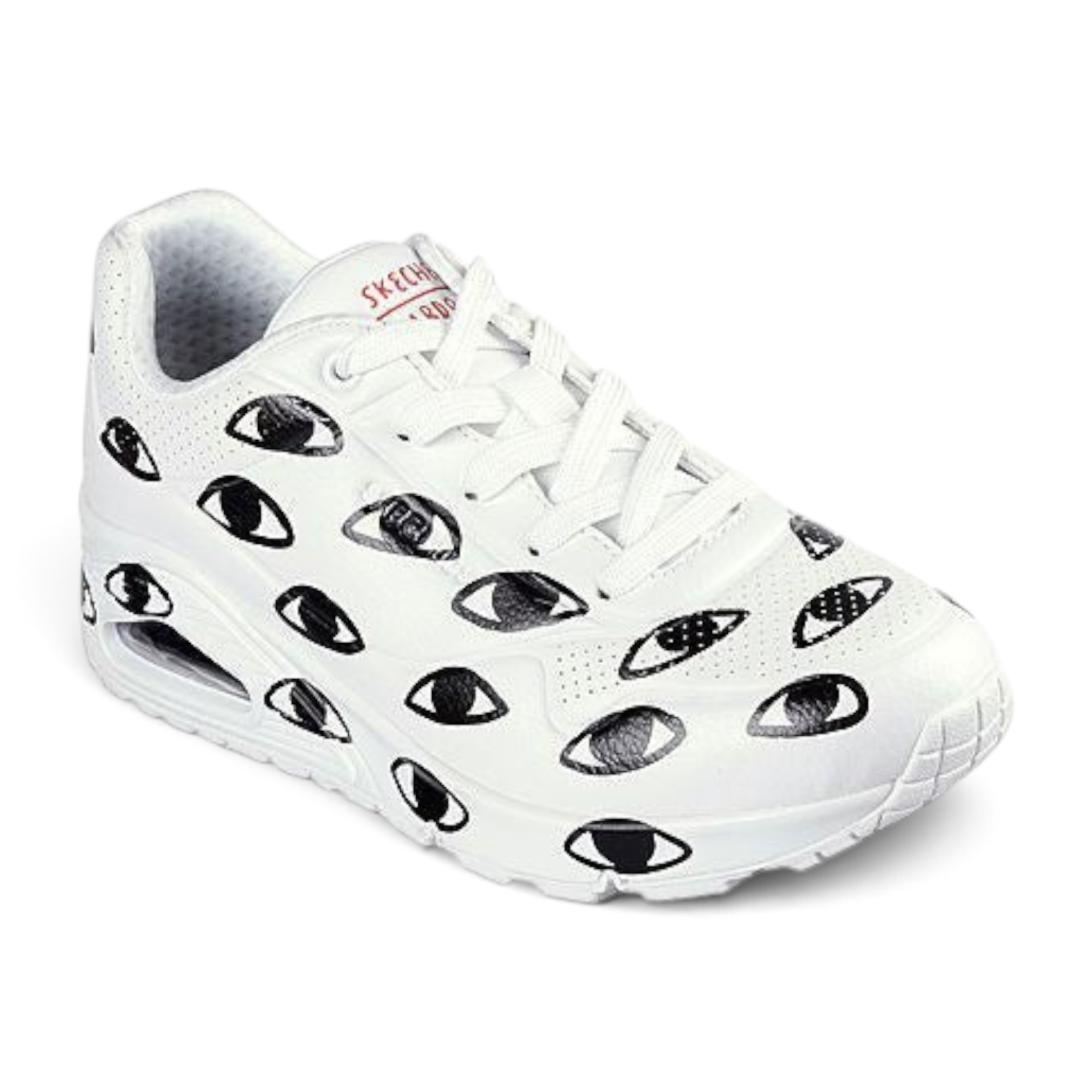 FRG UNO MANY EYES white sneaker featuring a black hand-drawn eye pattern and a chunky cushioned sole