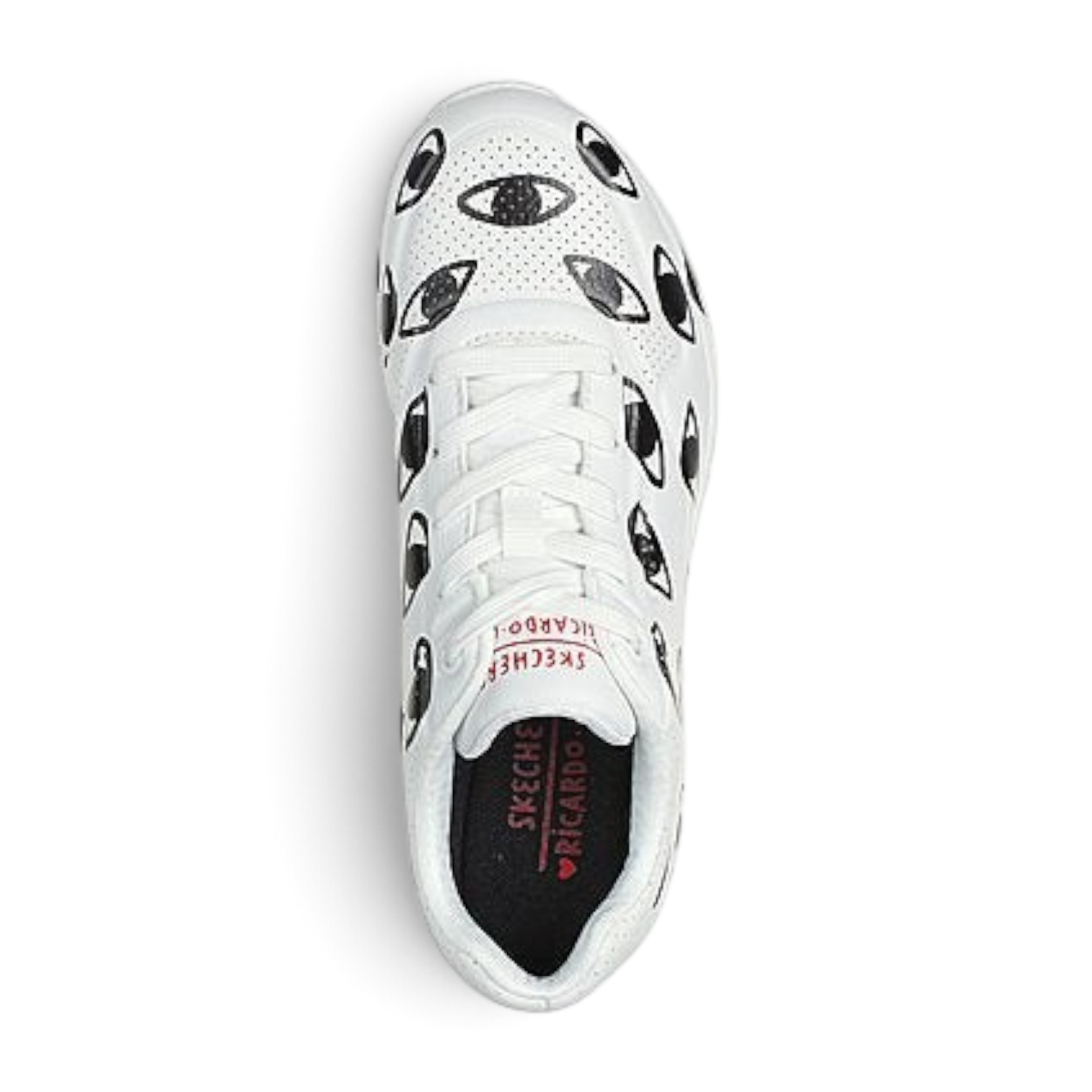 FRG UNO MANY EYES white sneaker featuring a playful black eye print pattern and lace-up closure, top-down view.