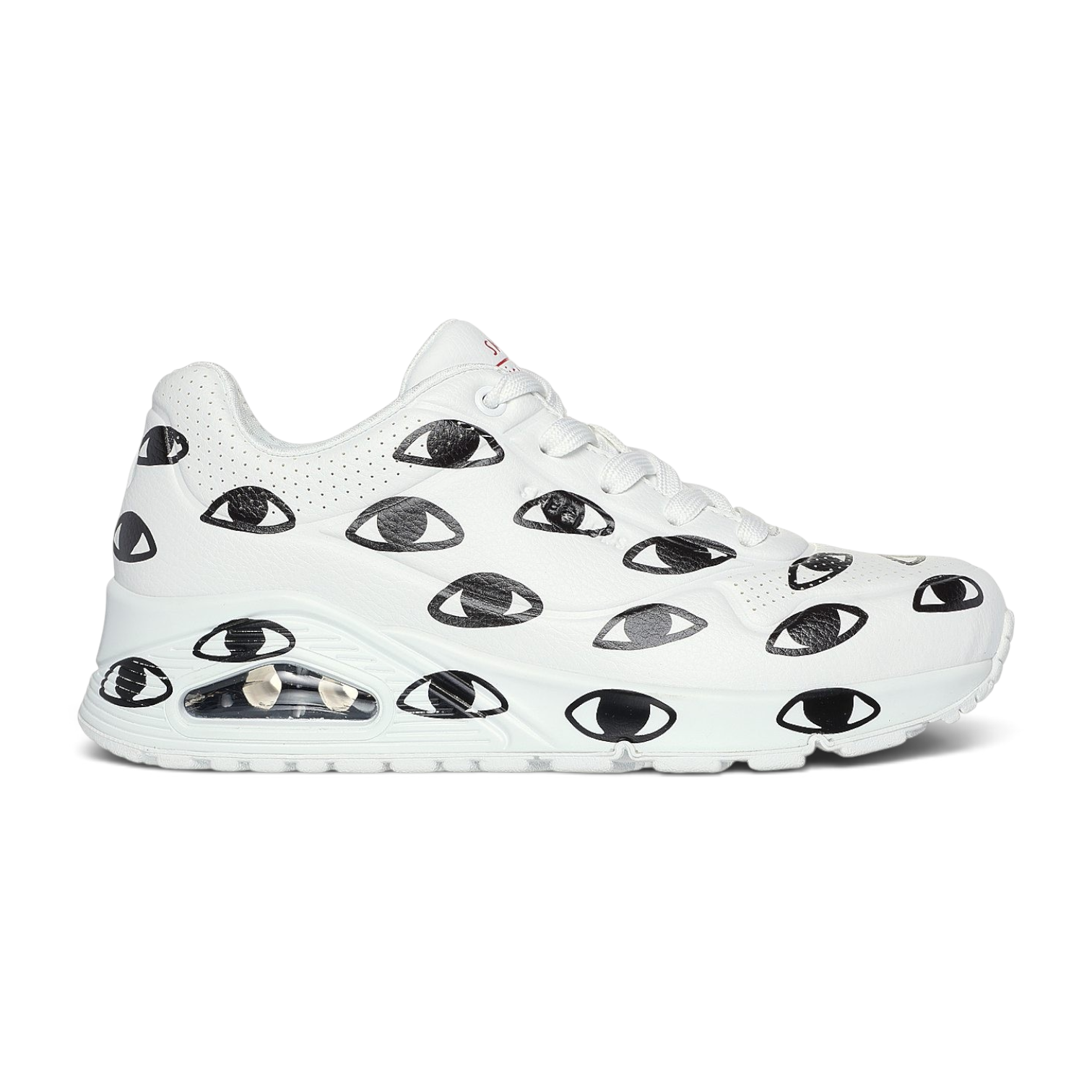 FRG UNO MANY EYES white sneakers featuring a black all-over eye print pattern and a visible air cushioning sole