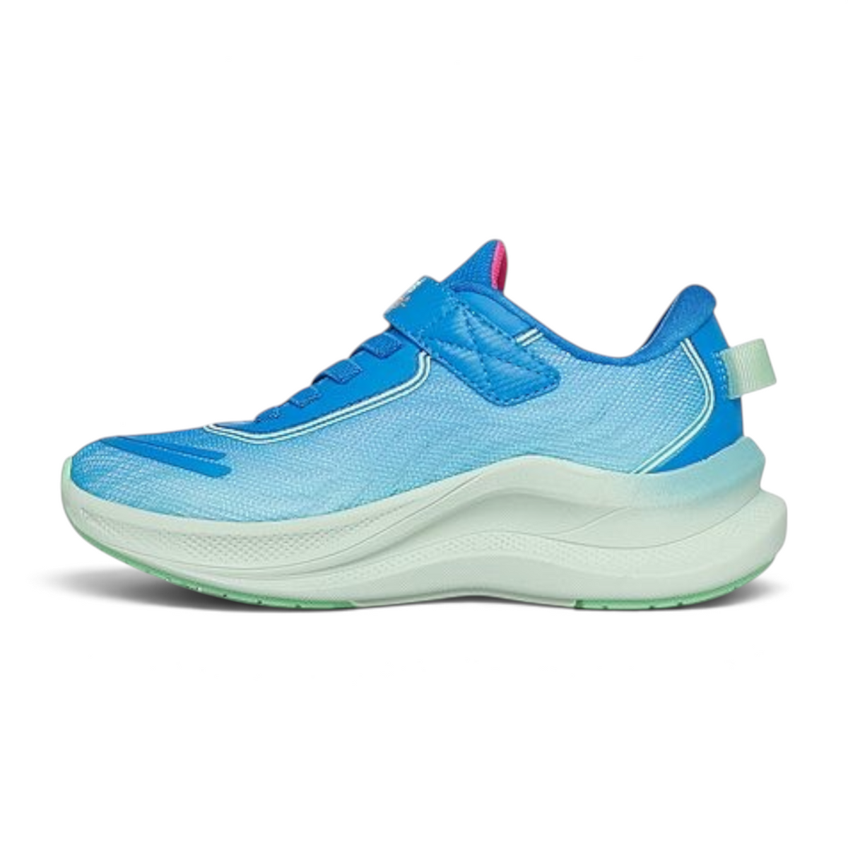 FRG Skechers Max Cushioning Ascend kids' running shoe in blue and mint with a hook-and-loop strap and thick sole
