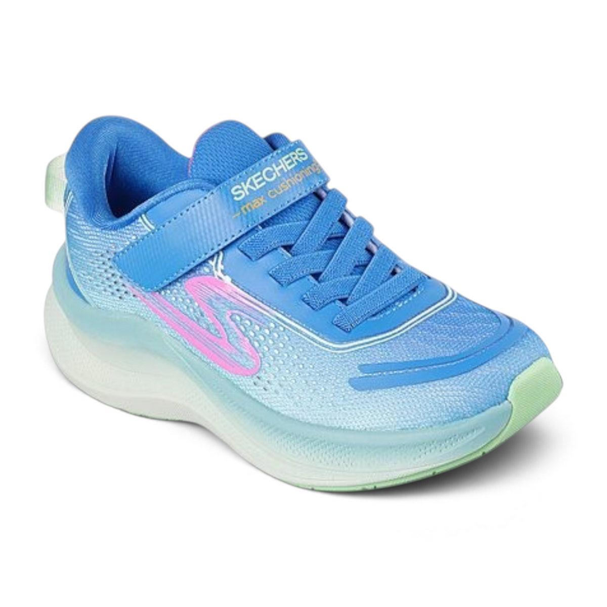 FRG Skechers Max Cushioning Ascend kids running shoe in blue and mint with pink logo and hook-and-loop strap