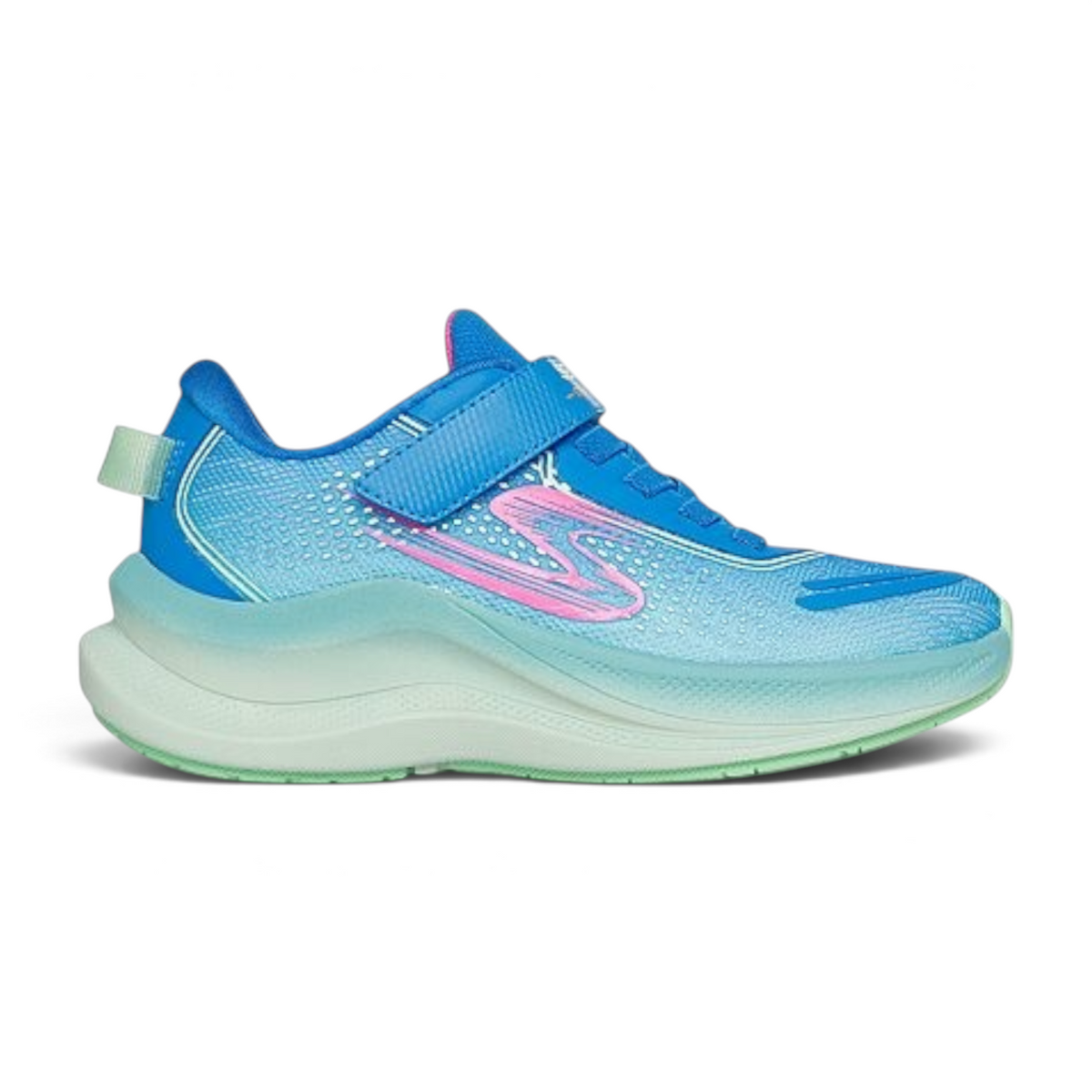 FRG Skechers Max Cushioning Ascend kids' running shoe in blue and mint with a pink logo and hook-and-loop strap