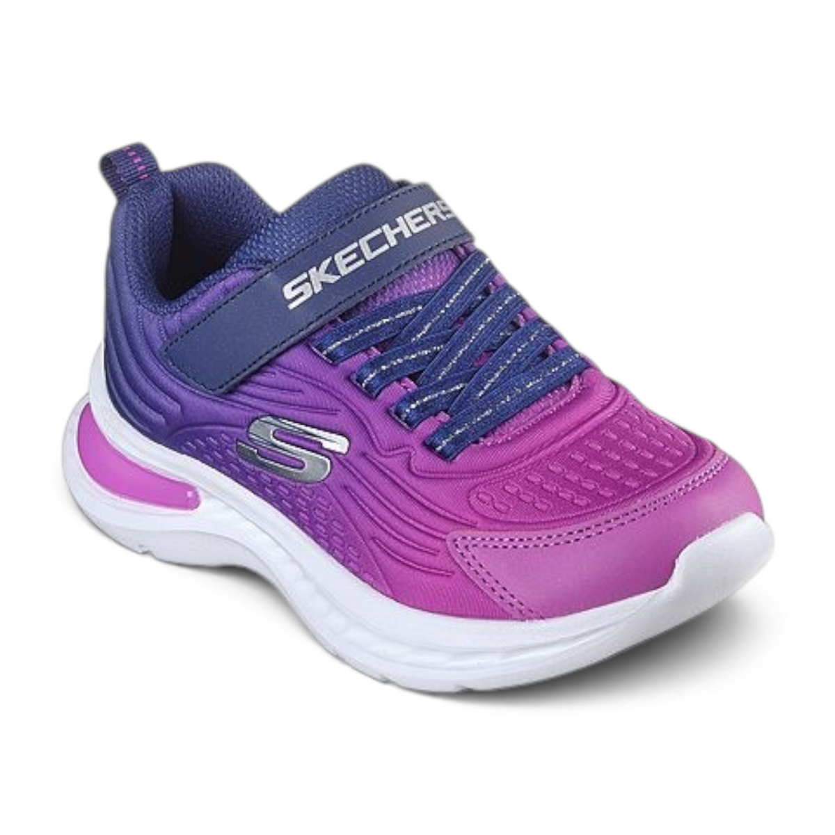 FRG Skechers JUMPSTERS-TECH kids sneaker in purple and pink with a hook-and-loop strap and white cushioned sole