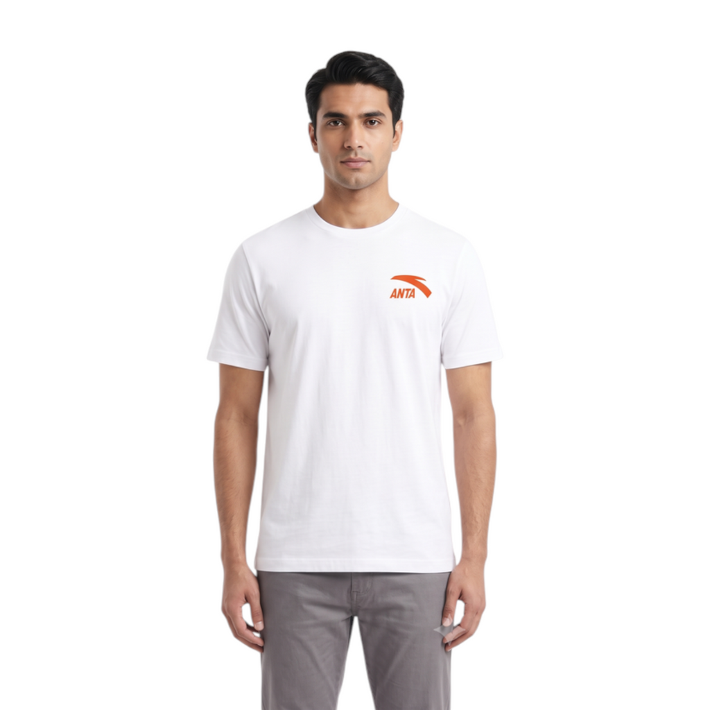 FRG ANTA Relay Baton snow white cotton crew neck t-shirt with orange logo worn by a male model