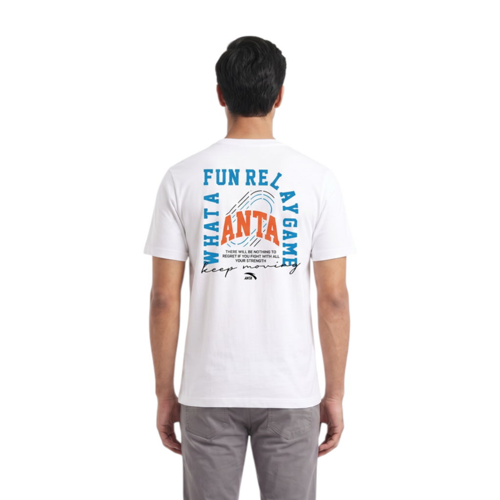 FRG ANTA Relay Baton snow white cotton t-shirt with graphic print on back worn by a man from behind