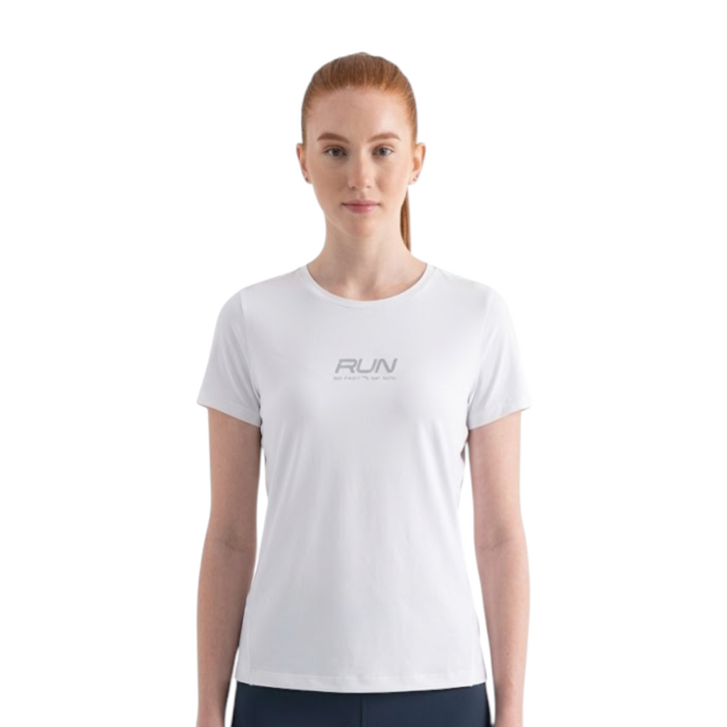 FRG ANTA snow white short sleeve running t-shirt with moisture-wicking fabric worn by a female model