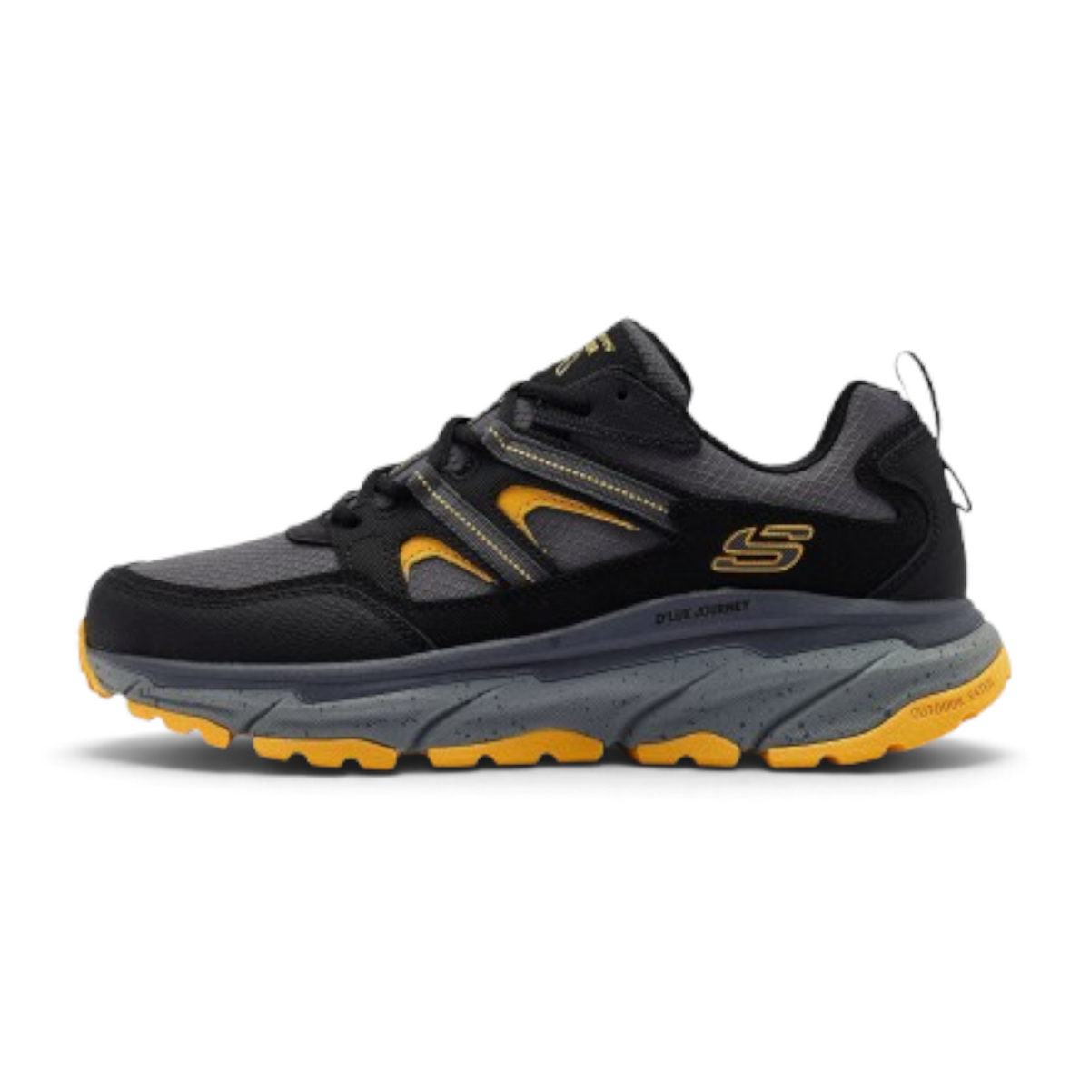 FRG Skechers Relaxed Fit D'Lux Journey hiker in black and yellow with breathable mesh and cushioned trail sole